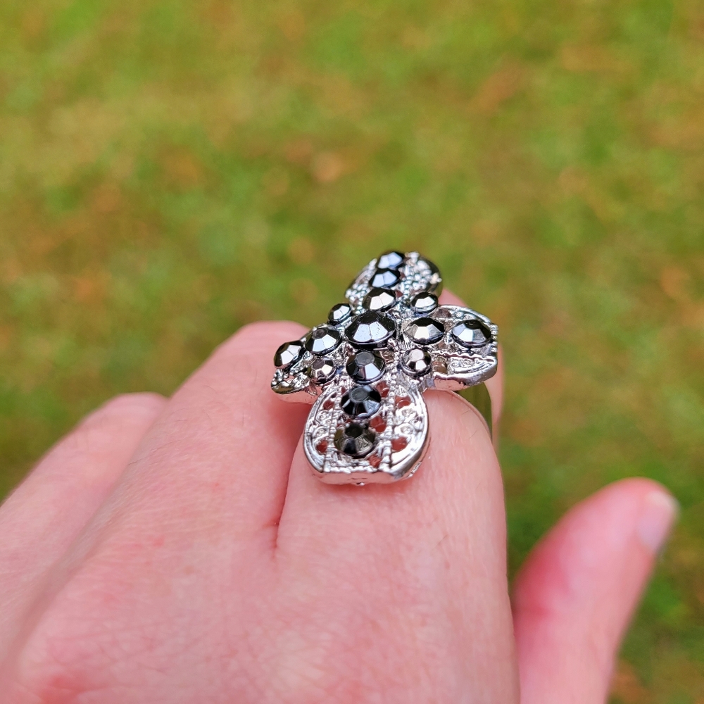 Joy of the Saints Silver Cross Black Crystal Gemstone Ring One Size Fits All - Picture 5 of 12